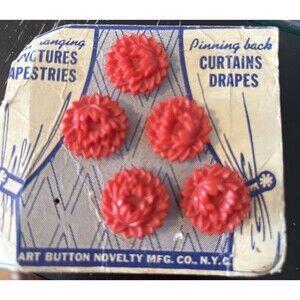 10 VINTAGE RED PLASTIC BAKELITE FLOWER CURTAIN PIN BACKS TIE BACKS PUSH PINS